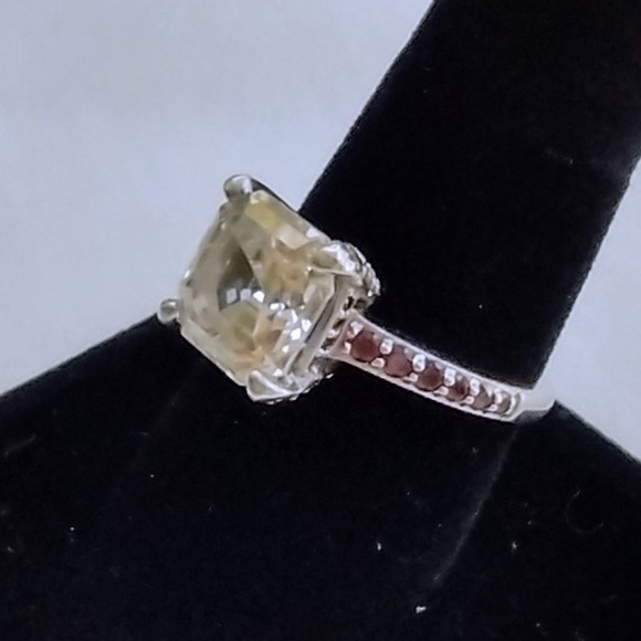 Sterling Silver & Cushion Cut CZ Stone Ring with Red Stone Pave Accent / Size 8 - Picture 2 of 8